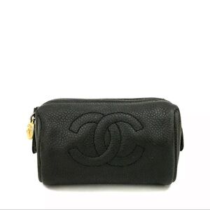 AUTH CHANEL CC Logo Caviar Skin Cosmetic Pouch Mini Bag